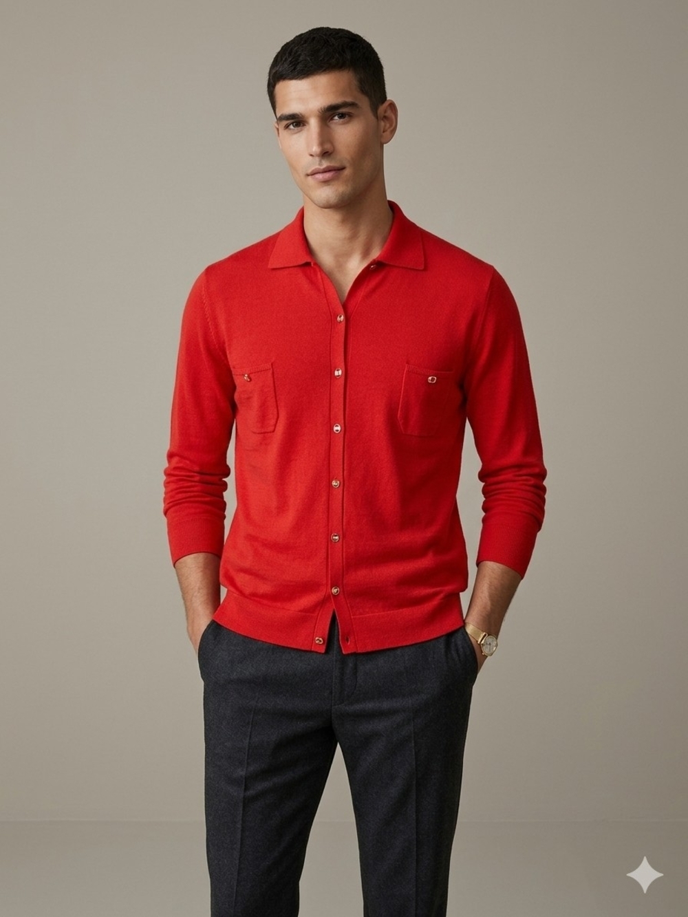 Larusmiani Milano Red Thin Knit Polo Collar Cardigan Sweater AS IS
